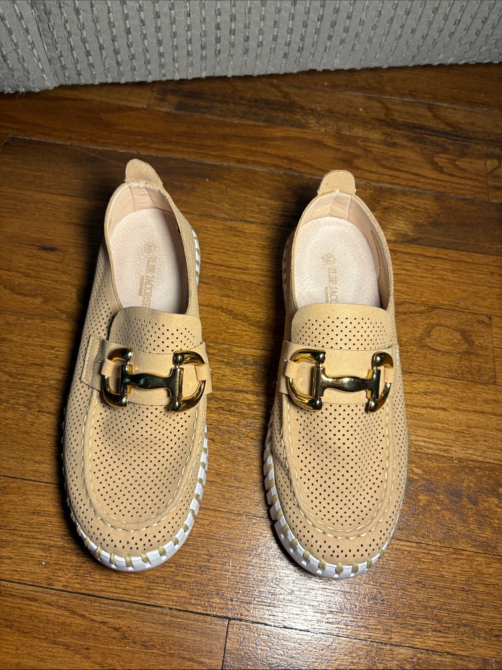 Ilse Jacobsen Tan Perforated Slip-On Loafer with Metallic Accent